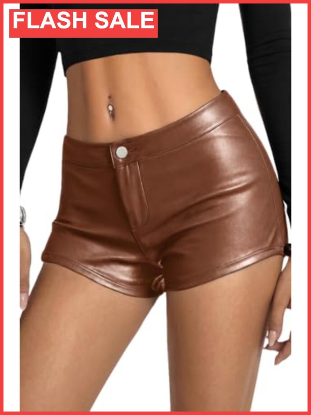Faux Leather Low Rise Mini Shorts Stretchy Curved Hem Body Hugging